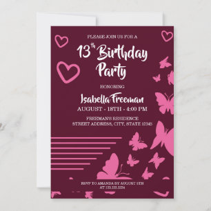 Butterflies and Hearts Pink Girl 13th Birthday Invitation