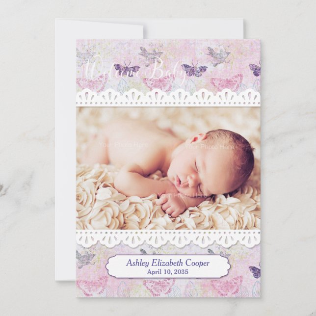 Butterflies and Lace, Baby Photo Announcement (Front)