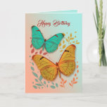 Butterflies and Leaves Friend Birthday Card<br><div class="desc">Two beautiful hand drawn butterflies and plants on a pale peach and jade background. Inside left and right has frame and plants. Birthday message provided. This card is perfect for friends, co-workers or anyone you want to wish happy birthday to. Images and text are customizable. Feel free to personalize with...</div>