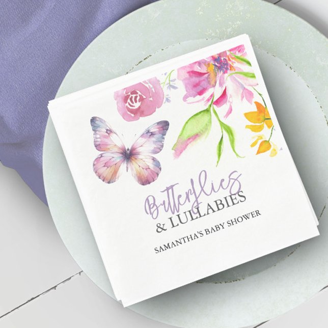 Butterflies and Lullabies Baby Shower Watercolor Napkins (Purple butterfly baby shower decorations watercolor flowers by Victoria Grigaliunas Do Tell A Belle)