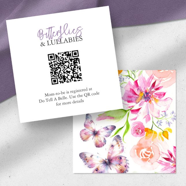 Butterflies and Lullabies Registry Enclosure Card (Baby shower invitation insert card purple butterfly theme floral art by Victoria Grigaliunas)