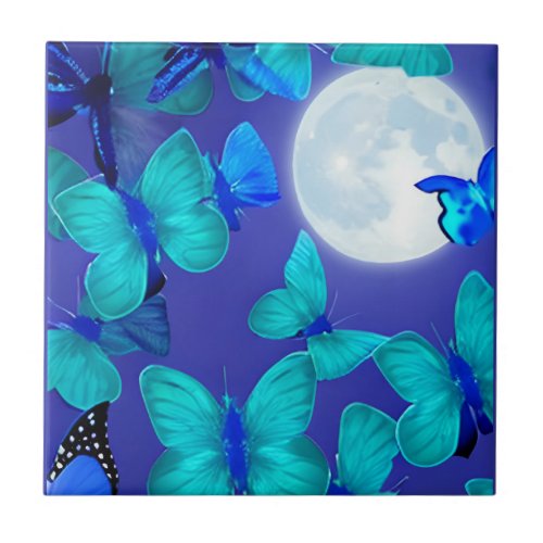Butterflies and Moths in a Deep Blue Moonlit Sky Ceramic Tile