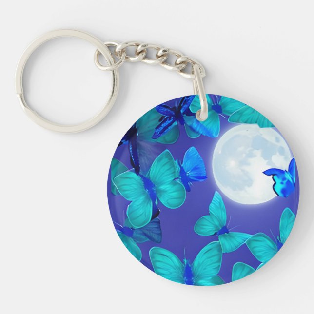 Butterflies and Moths in a Deep Blue Moonlit Sky Keychain (Front)