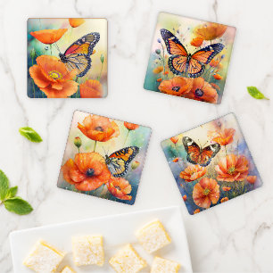 Butterflies and Orange Poppies Botanical Coaster Set