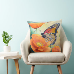 Butterflies and Orange Poppies Botanical Throw Pillow
