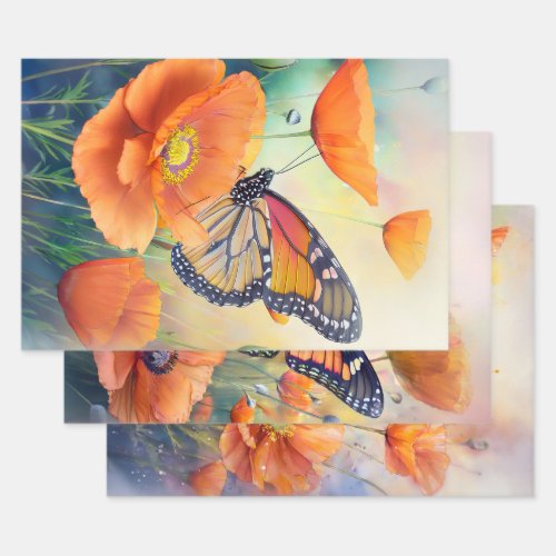 Butterflies and Orange Poppies Botanical Wrapping Paper Sheets