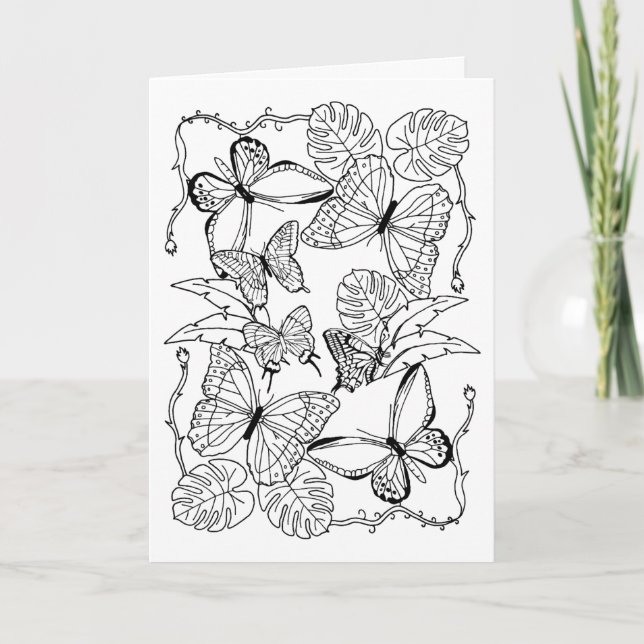 Butterflies and Palm Leaves Coloring Page Card (Front)