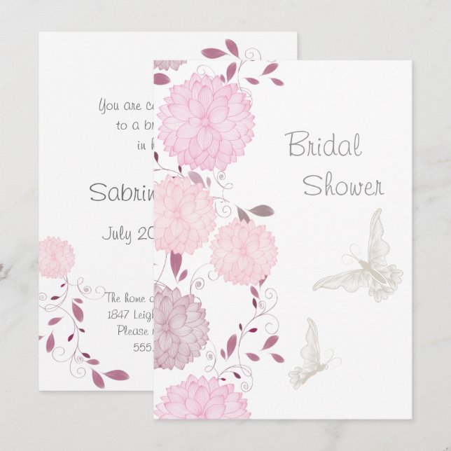 Butterflies and Pink Chrysanthems Bridal Shower Invitation (Front/Back)