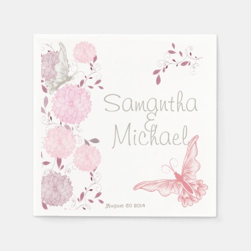 Butterflies and Pink Chrysanthemum Paper Napkins