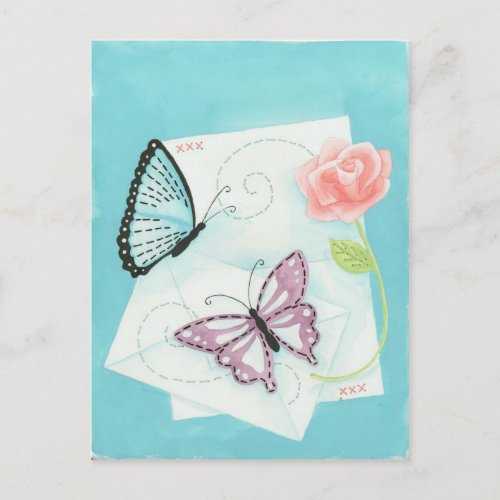Butterflies and Pink Rose Watercolor Postcard