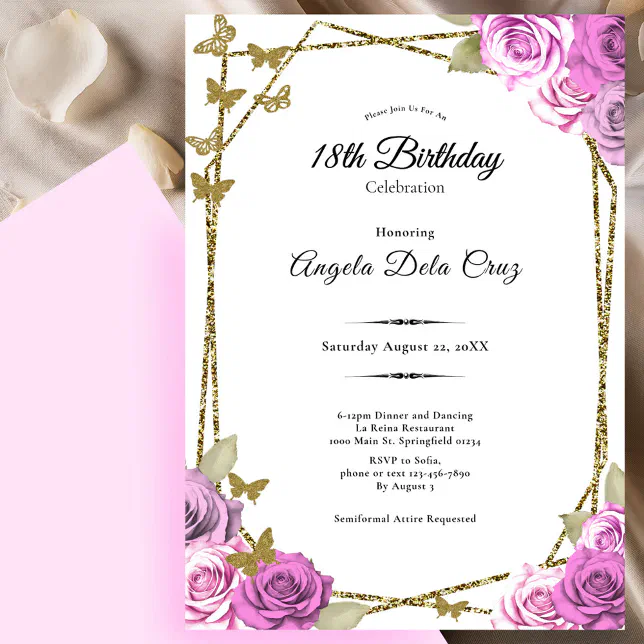 Butterflies and Pink Roses 18th Debut Birthday Invitation | Zazzle