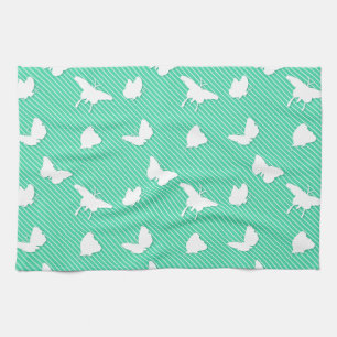 Butterflies and pinstripes - white on aqua kitchen towel