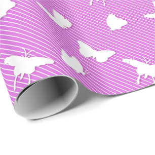 Butterflies and pinstripes - white on orchid wrapping paper