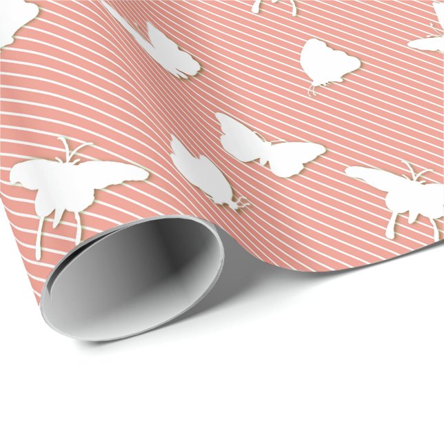 Butterflies and pinstripes - white on peach wrapping paper (Roll Corner)