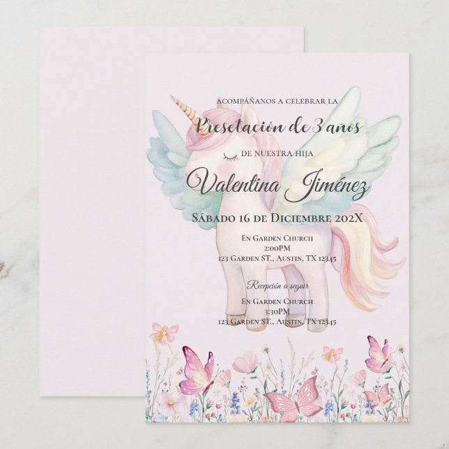 Butterflies and ponies 3st birthday in Spanish Invitation (Front/Back)