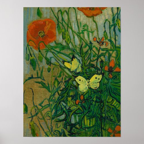 Butterflies and Poppies 1889 by Vincent van Gogh Poster