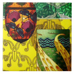 Butterflies and Poppies and Peacock Ceramic Tile