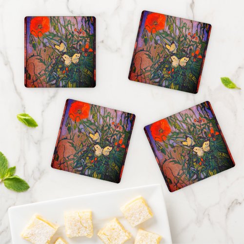 Butterflies and Poppies by Vincent van Gogh Coaster Set