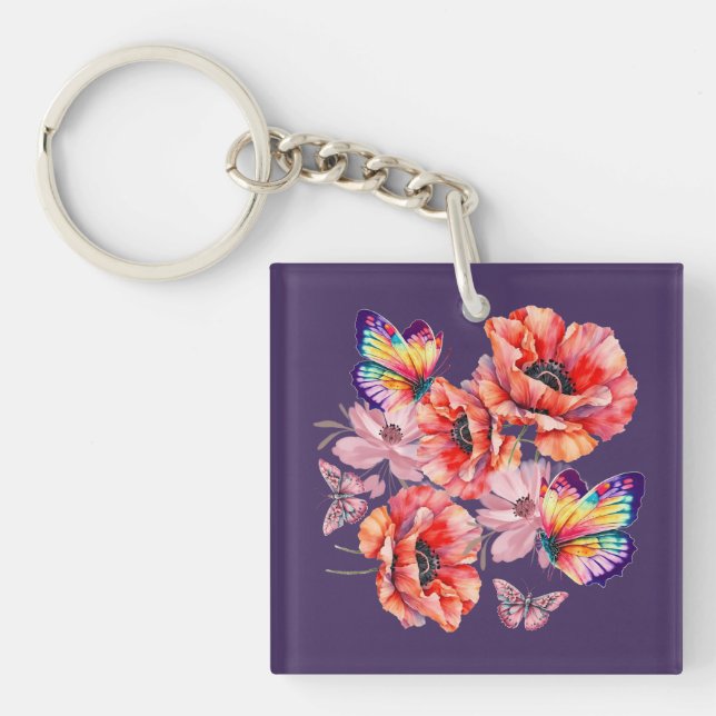 Butterflies and Poppy Flowers Keychain (Front)