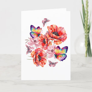 Butterflies and Poppy Flowers Letterpress Thank You Card