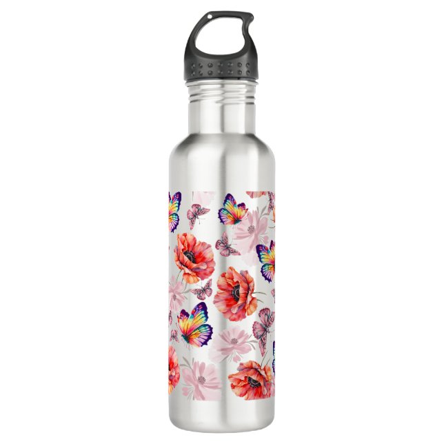 Butterflies and Poppy Flowers Stainless Steel Water Bottle (Front)