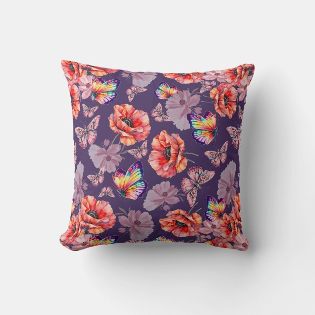 Butterflies and Poppy Flowers Throw Pillow (Front)