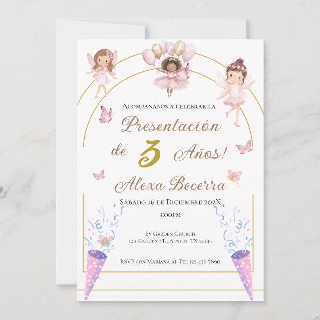 Butterflies and princesses 1st birthday in Spanish Invitation (Front)