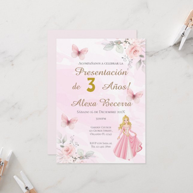 Butterflies and princesses 1st birthday in Spanish Invitation (Front/Back In Situ)