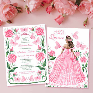 Butterflies and Roses Pink Princess Quinceanera Invitation