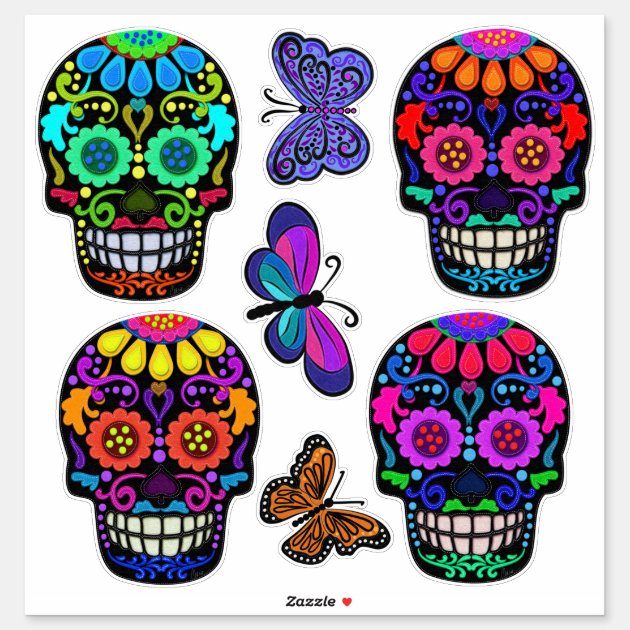 Details about    Dia De Los Muertos  Sugar Skull Sticker Day Of The Dead Skull Butterfly 