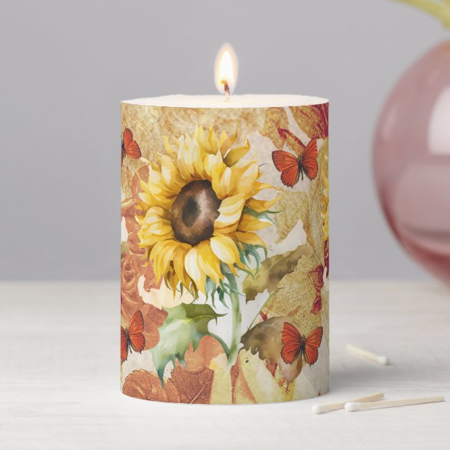 Butterflies and Sunflowers Pillar Candle (In Situ)