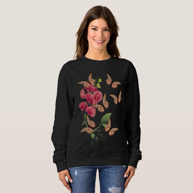 Butterflies And Sweet Pea Flower Black  Sweatshirt (Front Full)