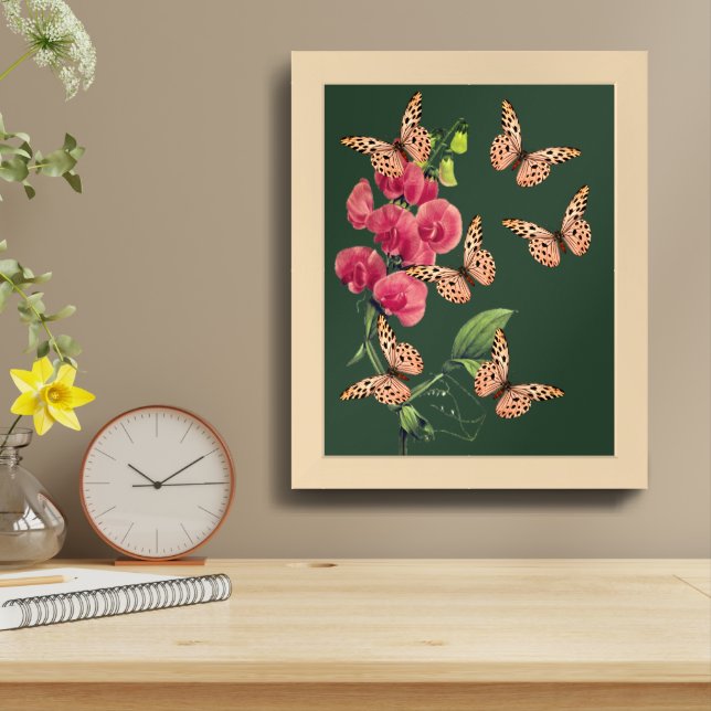 Butterflies And Sweet Pea Flower Framed Framed Art (Table Top)