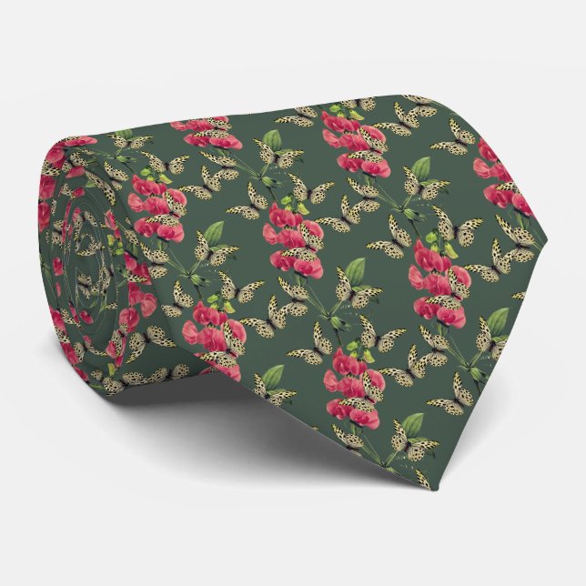 Butterflies And Sweet Pea Flower Green Neck Tie (Rolled)