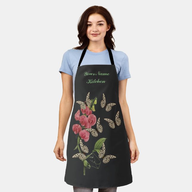 Butterflies And Sweet Pea Flower Personalized     Apron (Worn)