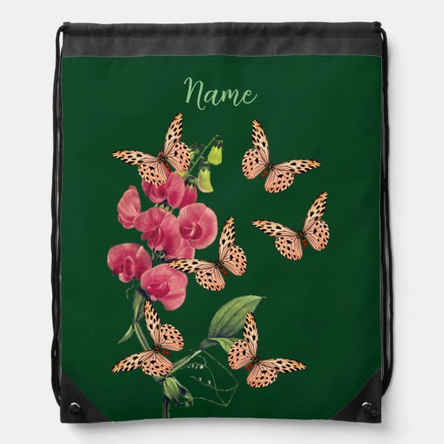 Butterflies And Sweet Pea Flower Personalized Drawstring Bag (Front)