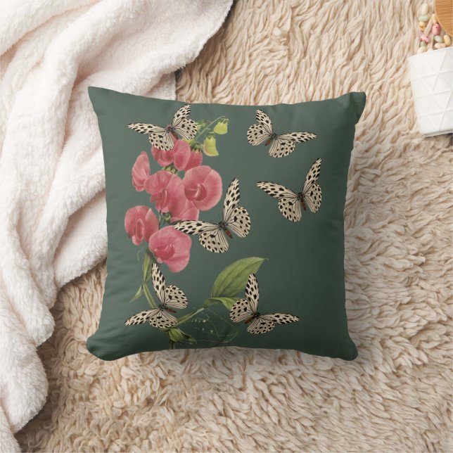 Butterflies And Sweet Pea Flower    Throw Pillow (Blanket)