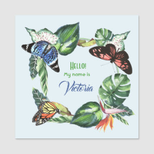 Butterflies and Tropical Leaves Watercolor Name Tag