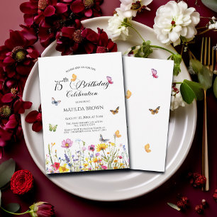 Butterflies and Wildflowers Elegant 75th Birthday Invitation