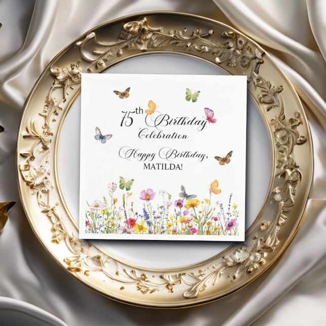 Butterflies and Wildflowers Elegant 75th Birthday Napkins (Creator Uploaded)
