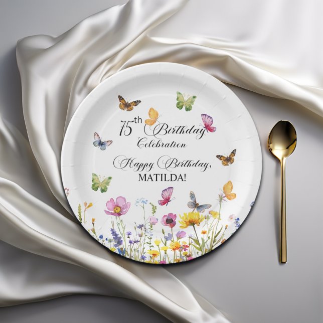 Butterflies and Wildflowers Elegant 75th Birthday Paper Plates (Creator Uploaded)