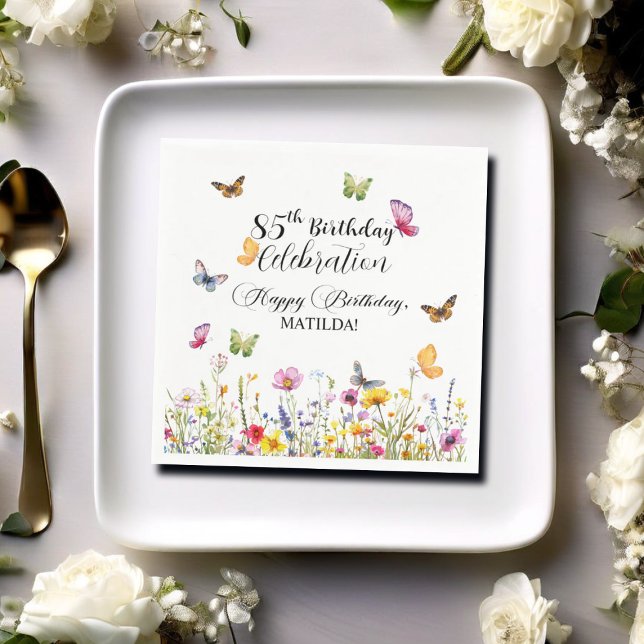 Butterflies and Wildflowers Elegant 85th Birthday Napkins (Creator Uploaded)