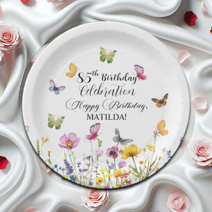 Butterflies and Wildflowers Elegant 85th Birthday Paper Plates
