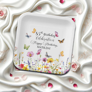 Butterflies and Wildflowers Elegant 85th Birthday Paper Plates