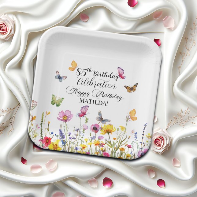 Butterflies and Wildflowers Elegant 85th Birthday Paper Plates (Creator Uploaded)