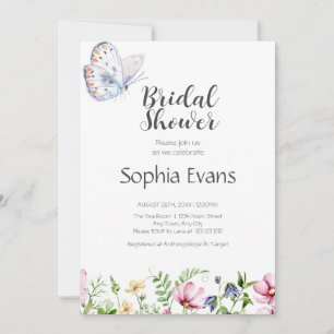 Butterflies and Wildflowers White Bridal Shower Invitation
