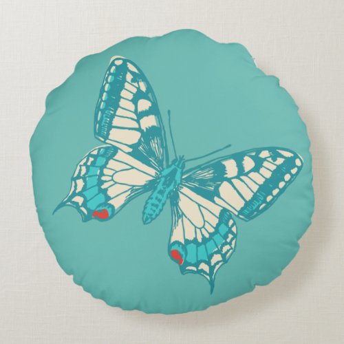 Butterflies aqua beige red round throw pillow