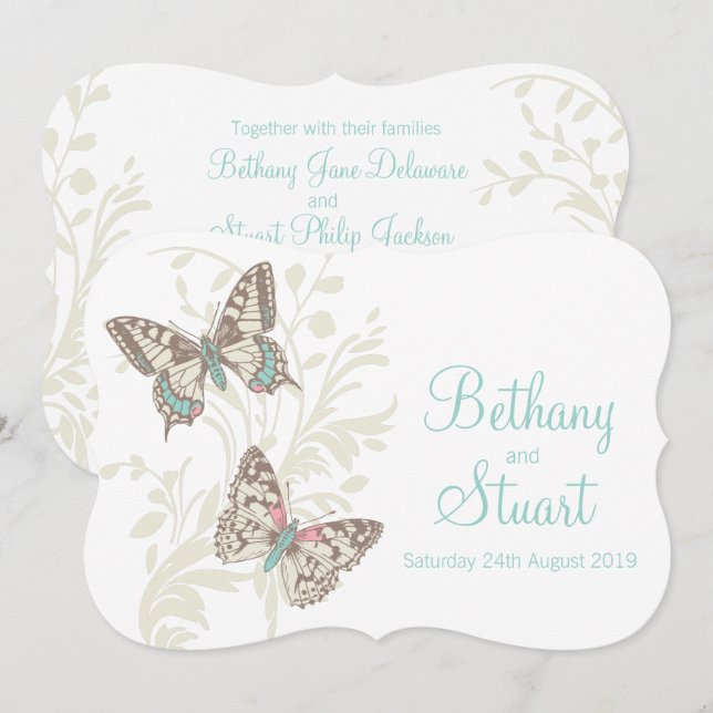 Butterflies aqua teal cream wedding invitation (Front/Back)