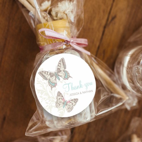 Butterflies aqua teal inked art wedding favor classic round sticker
