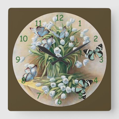 Butterflies Around Flowers Square Wall Clock